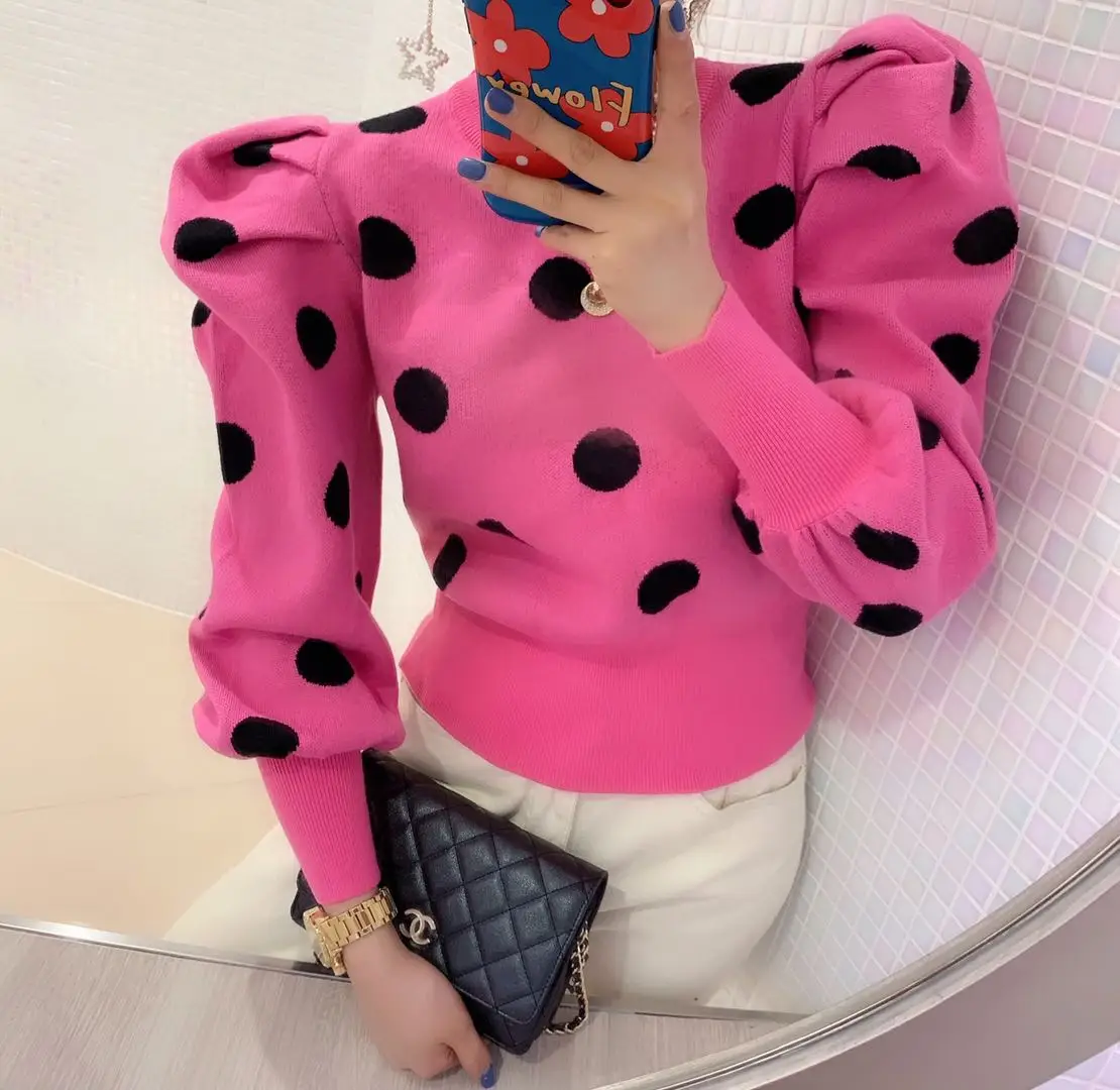 Korean Puff Sleeve Women Pullover Knitwear 2020 Spring Autumn Polka Dot Winter Top Knitted O-Neck Sweater Bottom Jumper | Женская одежда