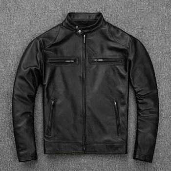 

Men Autumn Real Jackets Slim Stand Collar Sheepskin Genuine Leather Long Sleeve Zippers Motorcycle Biker Short Coats Man