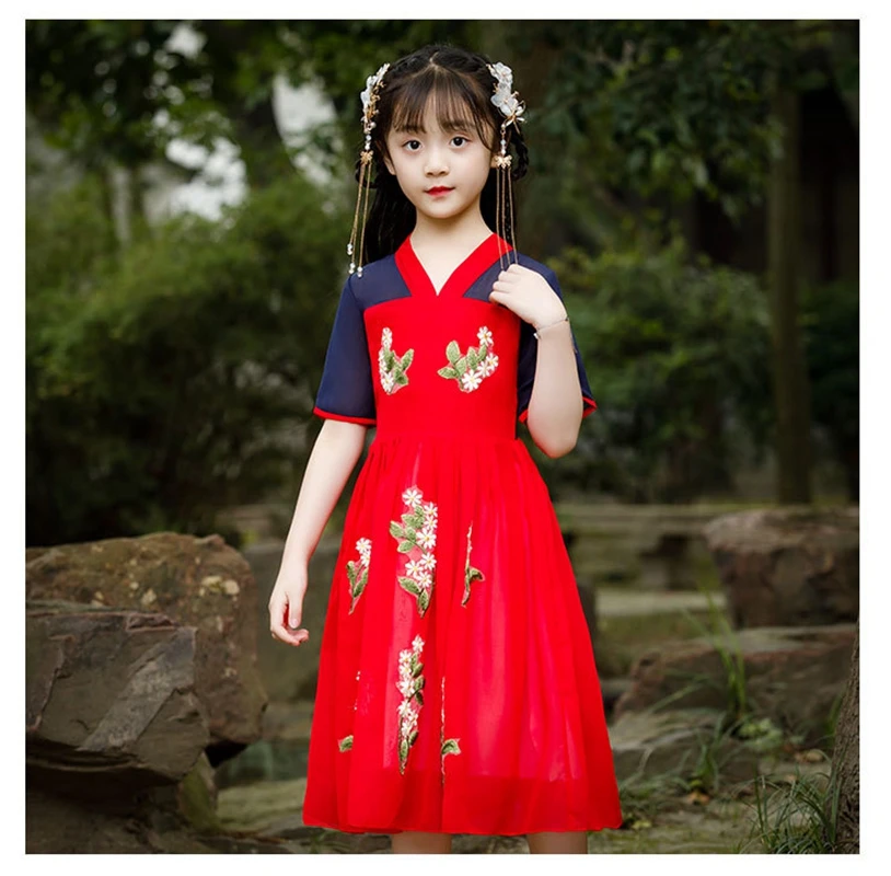 Hanfu/красное шифоновое летнее платье для девочек; оригинальное улучшенное платье для девочек в стиле ретро и китайском стиле; осеннее платье для фотосессии в национальном стиле