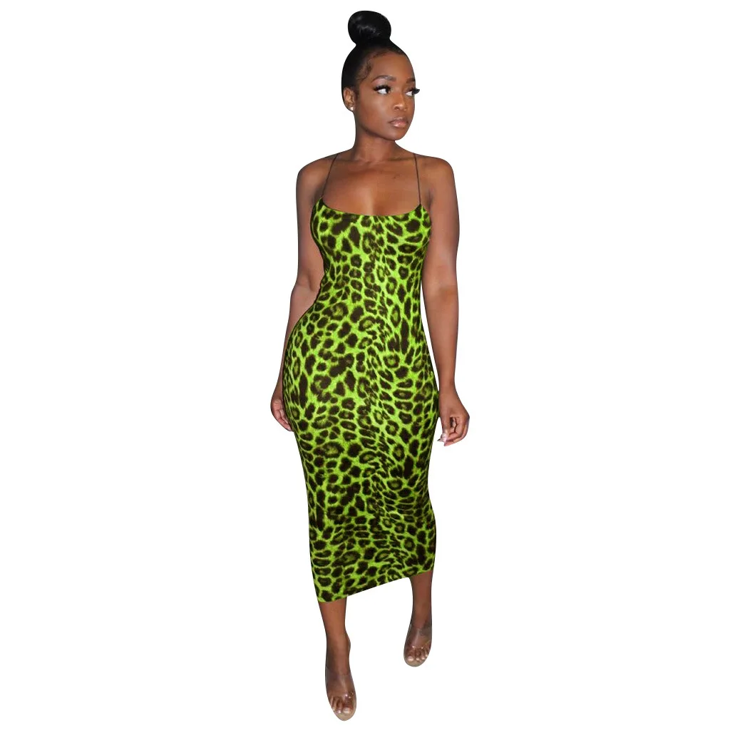 Zooefffbb, сексуальное облегающее леопардовое платье, женская одежда, летние платья, неоновые Клубные Вечерние платья на бретельках, платья миди с открытой спиной - Цвет: neon green