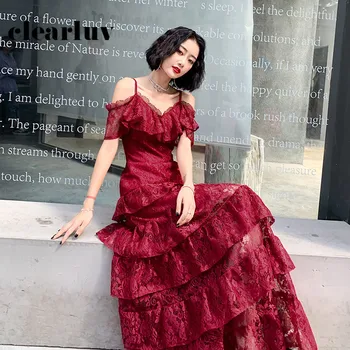 

Spaghetti Strap Robe De Soiree DR362 Burgundy A-Line Women Party Dresses Lace Ruched Vestidos De Fiesta Zipper Formal Gowns 2020