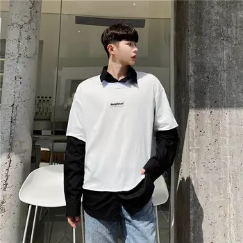 

2020 Spring And Autumn New Youth Popular Loose Contrast Color Fake Two-piece Stitching Long-sleeved T-shirt Fashion Casual Shirt