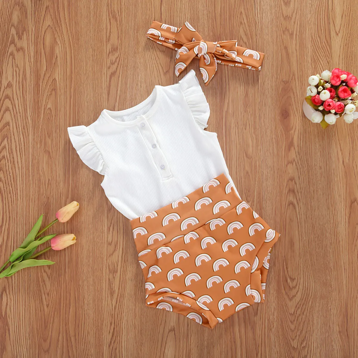 baby clothes penguin set Baby Girl Floral Clothes Sets Summer Baby Girls Ruffles Short Sleeve Romper Tops + Sun Flower Printed Shorts + Headband Outfits baby clothing set essentials