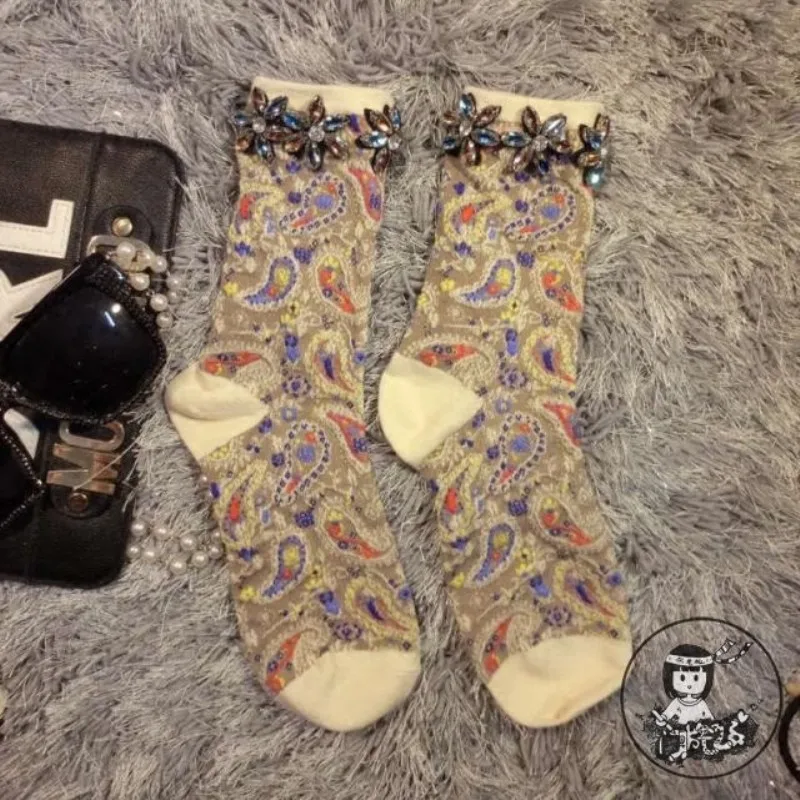 Women Socks Sokken Sale High-end Handmade Custom Girl Tide Brand Totem Folk Style Diamond Flower Pile Female Short Tube | Женская одежда