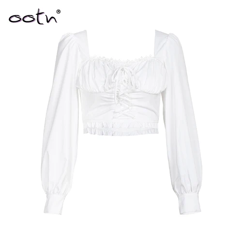 OOTN элегантная белая кружевная блузка с длинным рукавом, Женский плиссированный укороченный топ, квадратный воротник, на шнуровке, на пуговицах, с пышными рукавами, сексуальная рубашка с оборками - Цвет: White