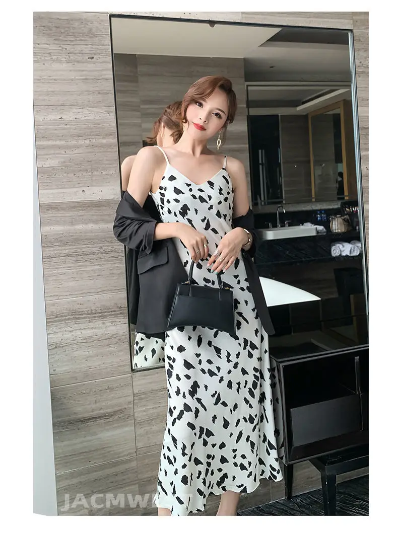 Dress Women Vintage Summer Simple Printing Strap Elegant All-match Clothing Lady Large Size M-4XL Sexy Thin Mid-calf Ins A-line shirt dress
