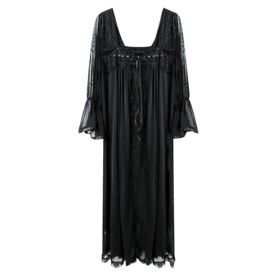 Осень Дворцовая принцесса; Ночная сорочка из обработанной вискозы Для женщин Элегантная кружевная свободная Пижама сексуальное квадратный воротник плюс Размеры одежда для сна