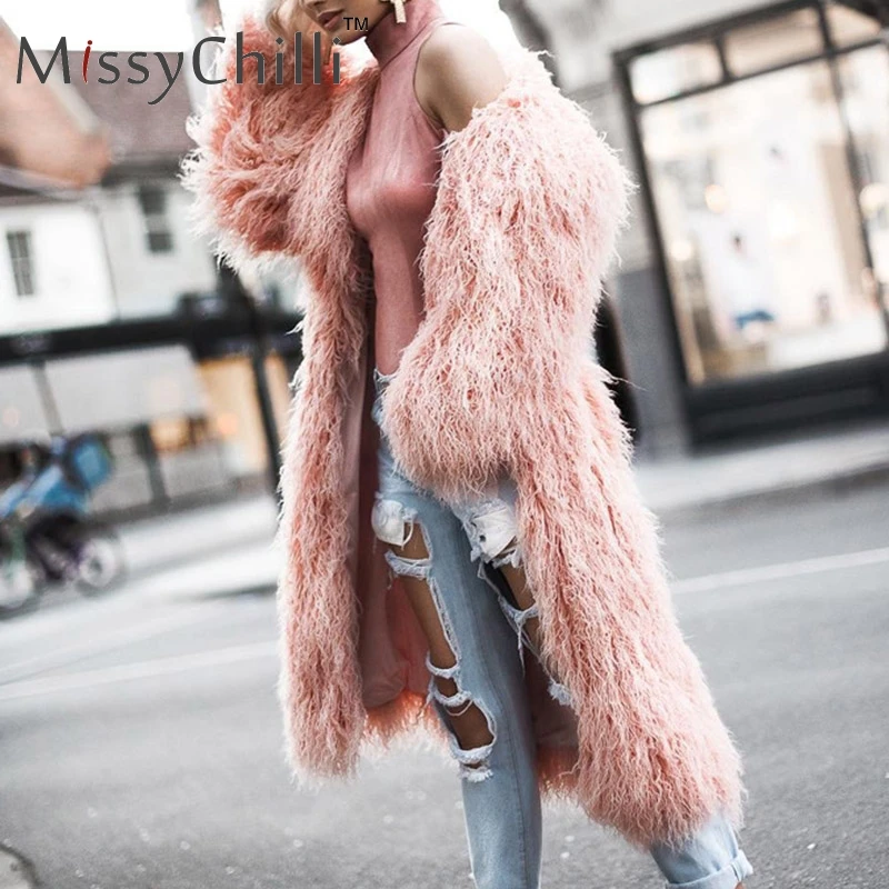 MissyChilli/женское розовое зимнее пальто из искусственного меха, уличная одежда большого размера, теплый длинный Пушистый кардиган, Женский плюшевый сексуальный искусственный мех, верхняя одежда