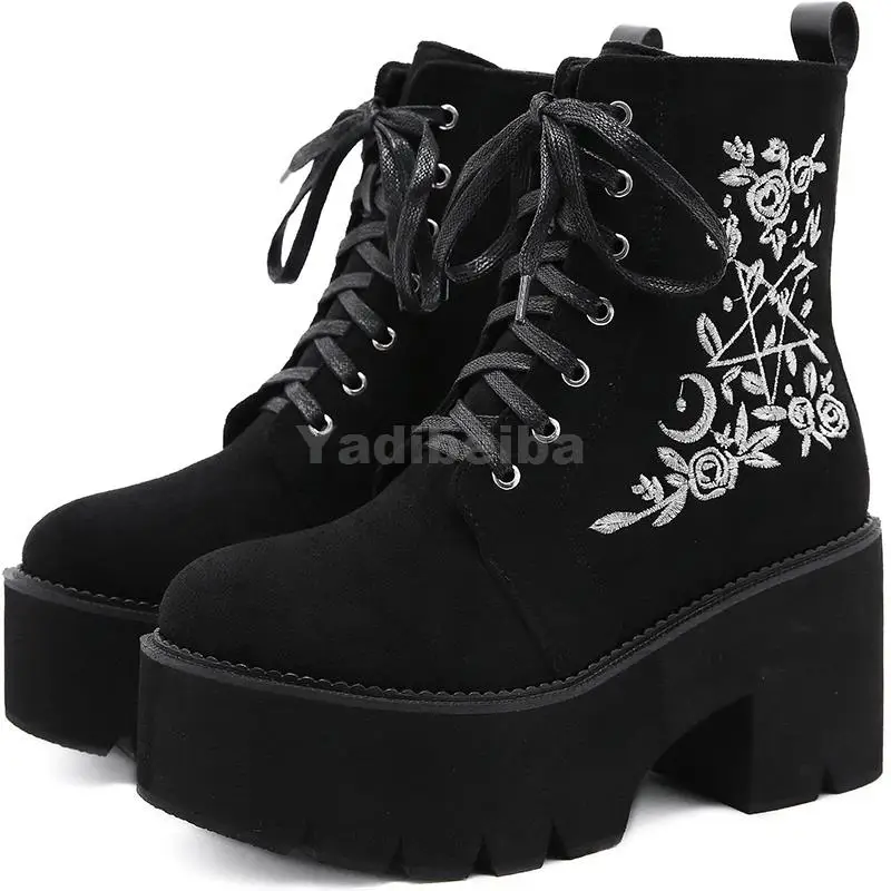 FashionFlowerPlatformBootsChunkyPunkShoesSuedeLeatherWomens