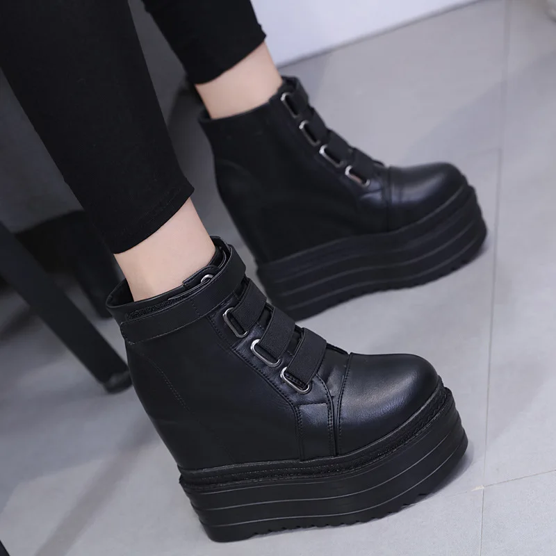 

Lace Up Boots Leather Booties Brand Women's Shoes Bootee Woman 2019 Clogs Platform Round Toe Fashion Wedge Autumn Rubber High