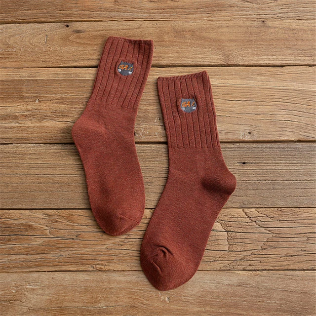 Cartoon Cat Embroidery New Cotton Short Socks Fashion Japanese Solid Color Concise Women Sock Spring Autumn Winter Cute Socks SK052-1