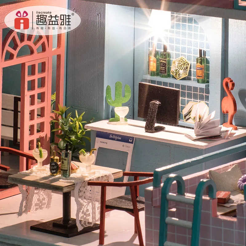K-034 розовый кафе 3D DIY Кукольный дом вино светодиодный светильник для бассейна миниатюрный кукольный домик набор для детей