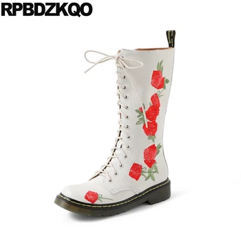 

beige mid calf embroidered embroidery big size brand women winter boots genuine leather shoes flower handmade flat high heel