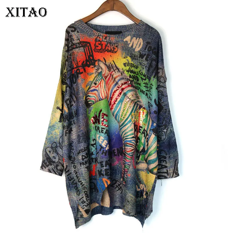 

XITAO Tide Letter Print Sequin Sweater O Neck Long Sleeve Fashion Loose Casual Plus Size Top Women 2019 Autumn New Korea WQR1966