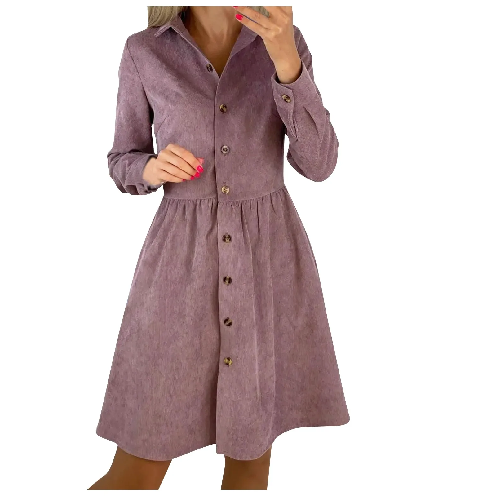 Autumn New Solid Shirt Dress Women Casual Corduroy Long Sleeve Button Ruched Dresses For Elegant A-Line Winter Robe Vestido 2