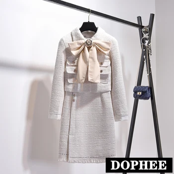 

2019 New Spring Autumn Ladies Small Fragrant Big Bow Wool Jacket Coat + Woolen Tassel Skirt Two Piece Women Elegant Skirt Suit