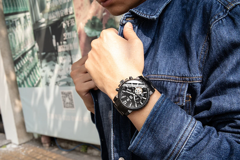 Классические Tourbillon механические наручные часы мужские модные спортивные автоматические часы черные многофункциональные часы из нержавеющей стали