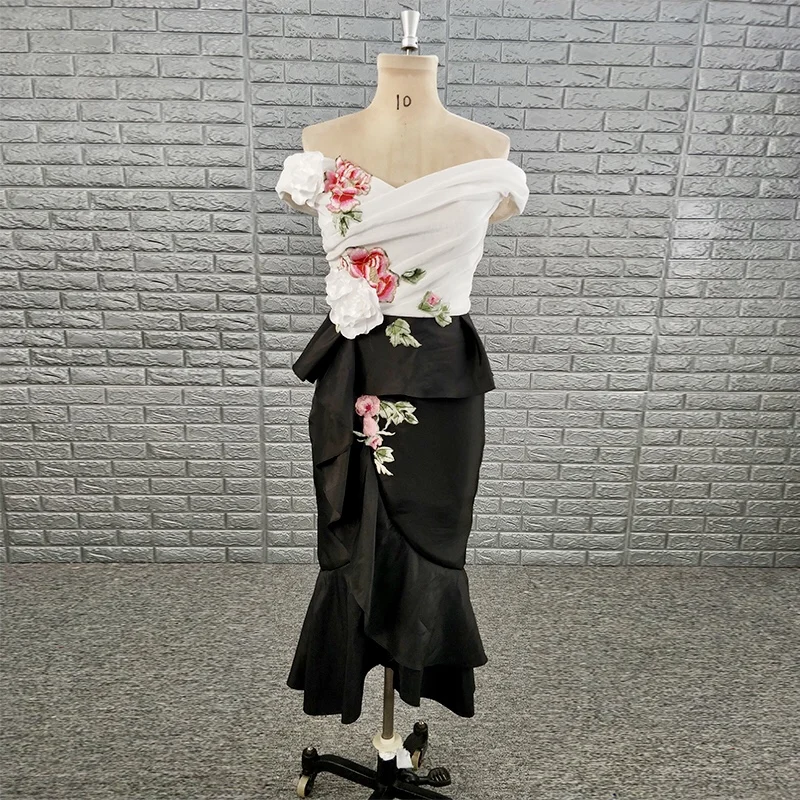 

Off Shoulder White and Black Embroidery Ankle Length Girls Party Cocktail Evening Dress