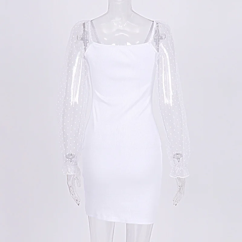 Dulzura polka dot ribbed mesh puff sleeve mini dress elegant backless sexy party clothes autumn winter date evening fashion