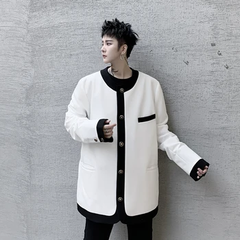 

Male Black White Blazer Coat Outerwear Spring Autumn Men Vintage Fashion Casual Loose Suit Jacket Overcoat