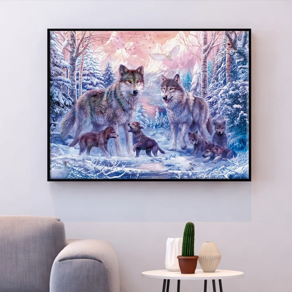 

HUACAN Cross Stitch Embroidery Wolf Animal Cotton Thread Painting DIY Needlework Kits 14CT Winter Home Decoration