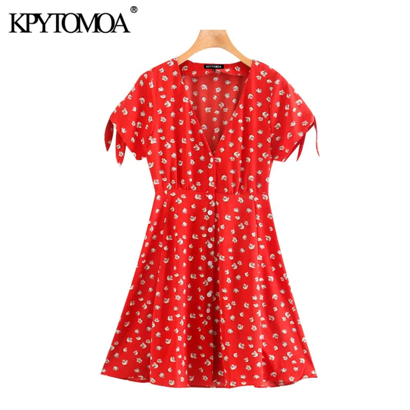 KPYTOMOA Women 2020 Chic Fashion Floral Print Pleated Mini Dress Vintage V Neck Tied Short Sleeve Female Dresses Vestidos Mujer KPYTOMOA Women 2020 Chic Fashion Floral Print Pleated Mini Dress Vintage V Neck Tied Short Sleeve Female Dresses Vestidos Mujer