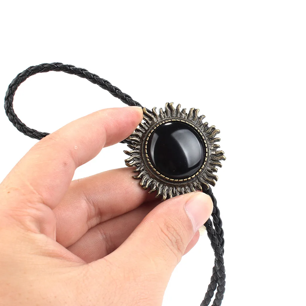 Vintage Antique Bronze Sunflower Black Stone Western Cowboy Bolo Tie Necktie
