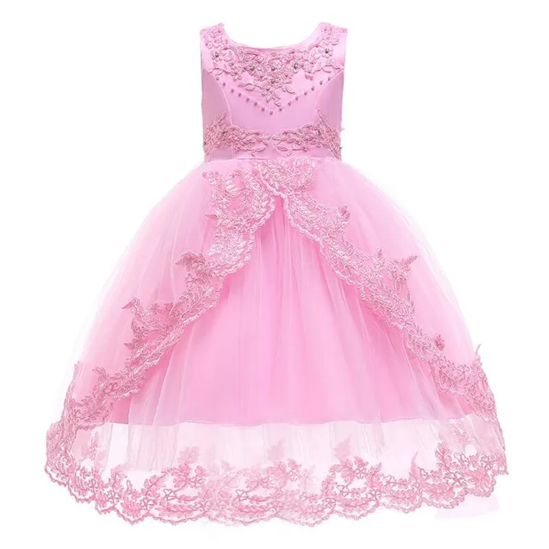 Кружевное газовое платье принцессы с бусинами и цветами для свадебной вечеринки; бальное платье на день рождения; элегантные Детские платья для девочек - Цвет: pink