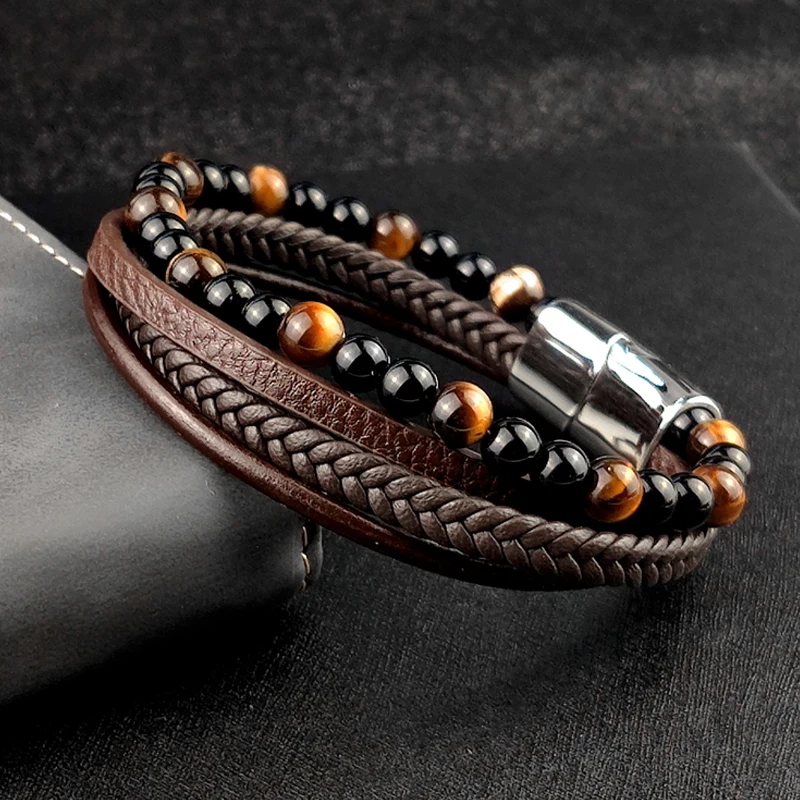 4Pcs/ Set Braided Wrap Leather Bracelets for Men VintageTiger eyes stone Charm stainless steel men Beads Ethnic Tribal Wristband