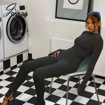 

Joskaa solid Tight Breathable Pocket round Neck zipper flare sleeve Home Casual sexy outfits Sports Suit female two-piece set