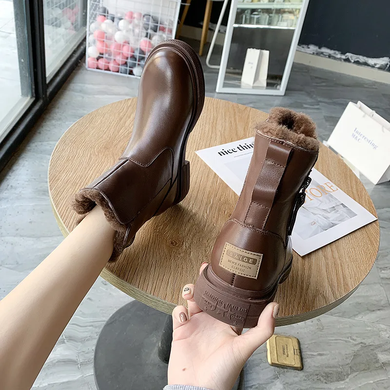 Zapatos de mujer; Новинка года; зимние кожаные женские хлопковые ботинки; шерстяные пинетки с боковой молнией; кожаные женские ботинки