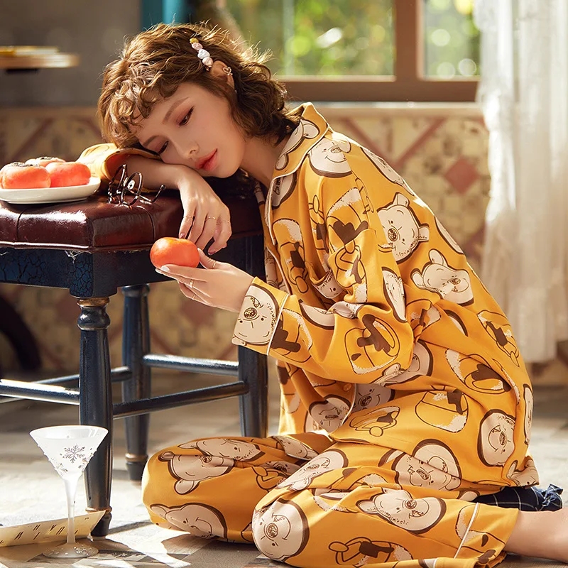 

2020 Pajamas Women's Spring Pajamas South Korea Xiong Ni Seed INS Season Pure Cotton Set Spring And Autumn Pajamas Cute