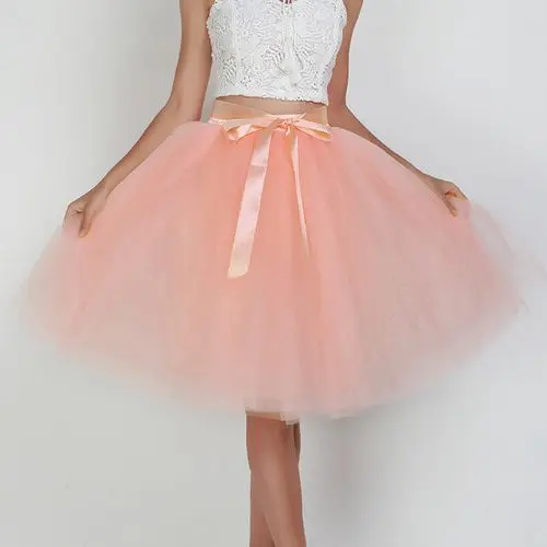 6Layers 65cm Fashion Tulle Skirt Pleated Tutu Skirts Women Lolita Petticoat Bridesmaids Sweet Party Midi Skirt Mini Skirt Dress peach