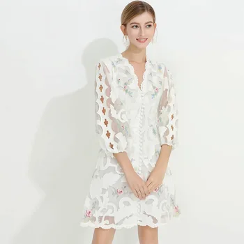 

2020 summer dress v-neck fungus edge seven points sleeve see-through decorative lace hollow button zipper a-line dress new fashi