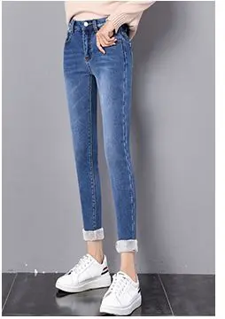 darkblue whitegray Модные вельветовые толстые джинсы женские зимние брюки эластичные штаны для маленьких ног стиль тонкие теплые штаны NZYD327A - Цвет: darkblue whitegray
