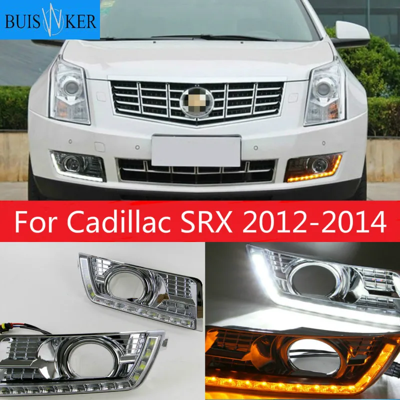 

For Cadillac SRX 2 2012-2014 LED DRL with Yellow Turning Lights Chrome Fog Lamp Cover LED Daytime Running Light