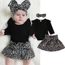Модная хлопковая одежда для маленьких девочек; повседневный комбинезон с длинными рукавами и рюшами для новорожденных девочек; юбка с леопардовым принтом; повязка на голову; комплект из 3 предметов