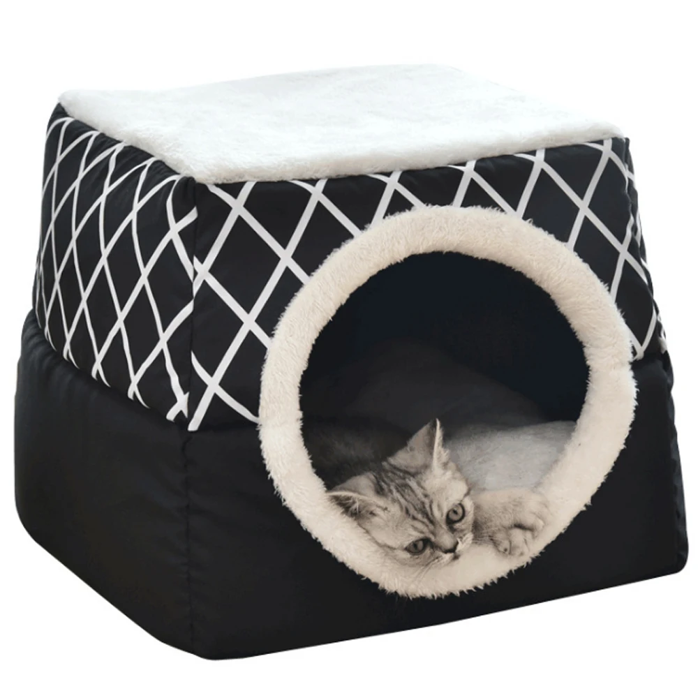 Будка для питомца Складная зимняя теплая палатка дышащая для маленьких собак Лежанка для котов теплая спальная кровать щенок войлочная будка товары для кошек - Цвет: Black