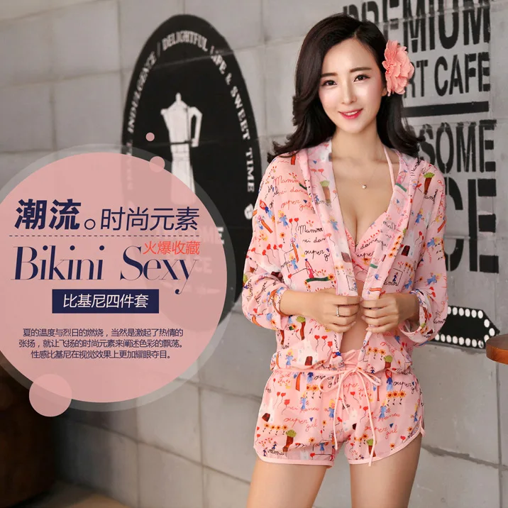 

Underwire Small Bust Gathering Bikini Three Four-piece Set Two-piece Swimsuits Women's Bikini Belly Covering Slimming Hot Spring