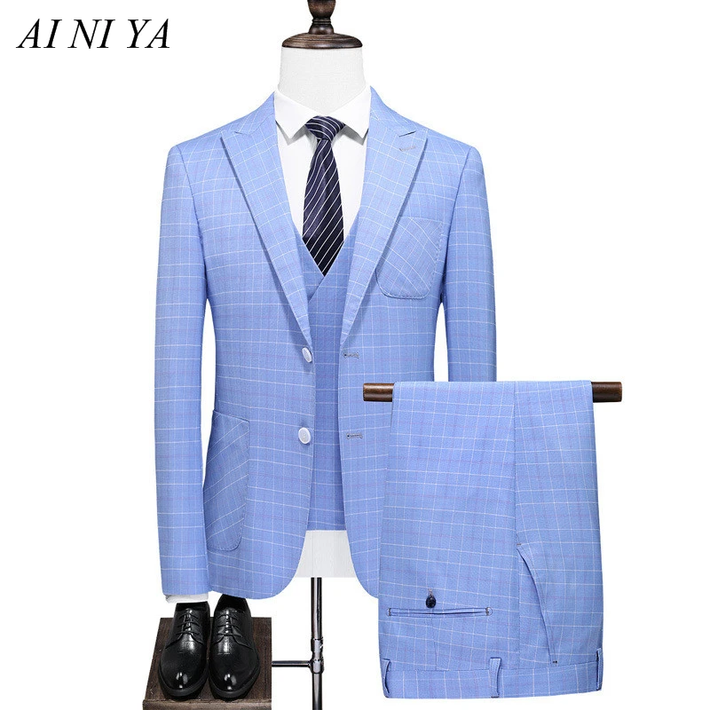 

Wedding Suit Men Slim Fit Plaid Suit 3pc Set Male Groom Blazers Pants Man Formal Business Work Wear Suits Costume Homme Dress