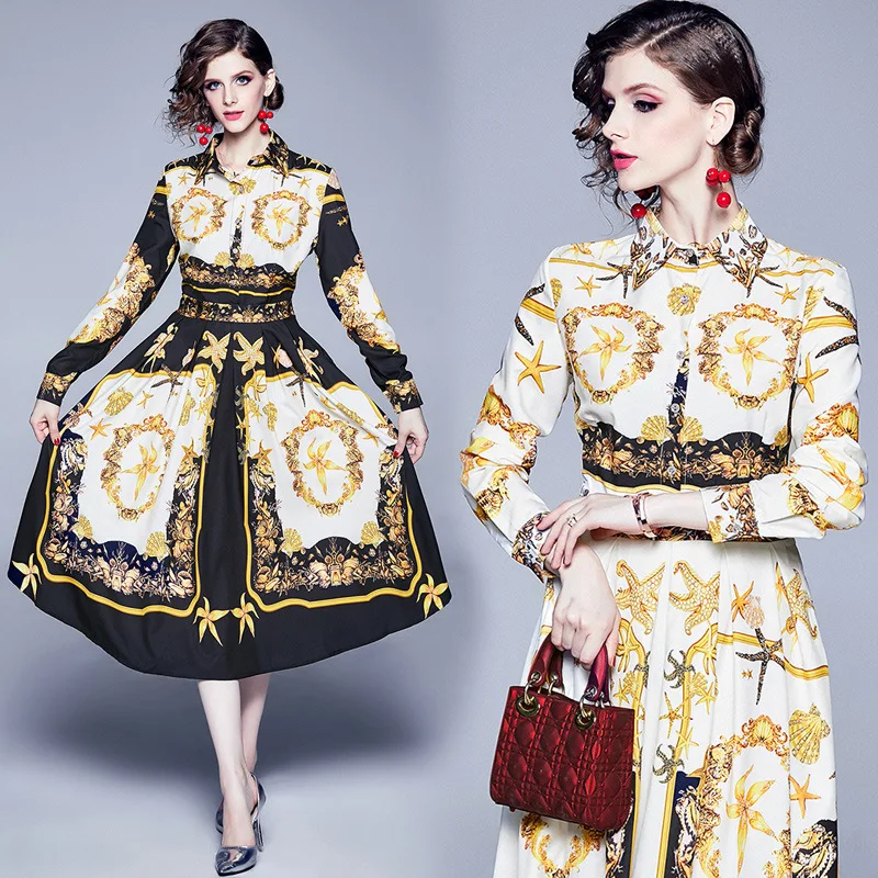 

Large Austrian WOMEN'S Dress New Style Ozhouzhan Fold-down Collar Retro Positioning Printed Waist Hugging Long-sleeved Dress Lon
