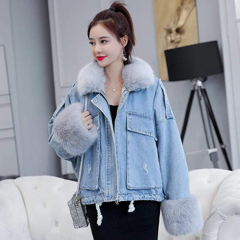 discount  Korean Thicken Women Jeans Jacket Winter 2019 Long Batwing Sleeve Big Fur Collar Warm Ladies Loose 