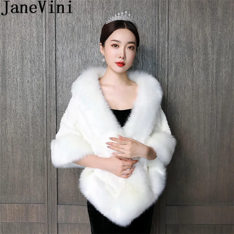 JaneVini 2020 New Style Faux Fur Wedding Capes Ivory Bridal Fur Shawl Bride Shoulder Wraps Winter bolero fourrure cape mariage