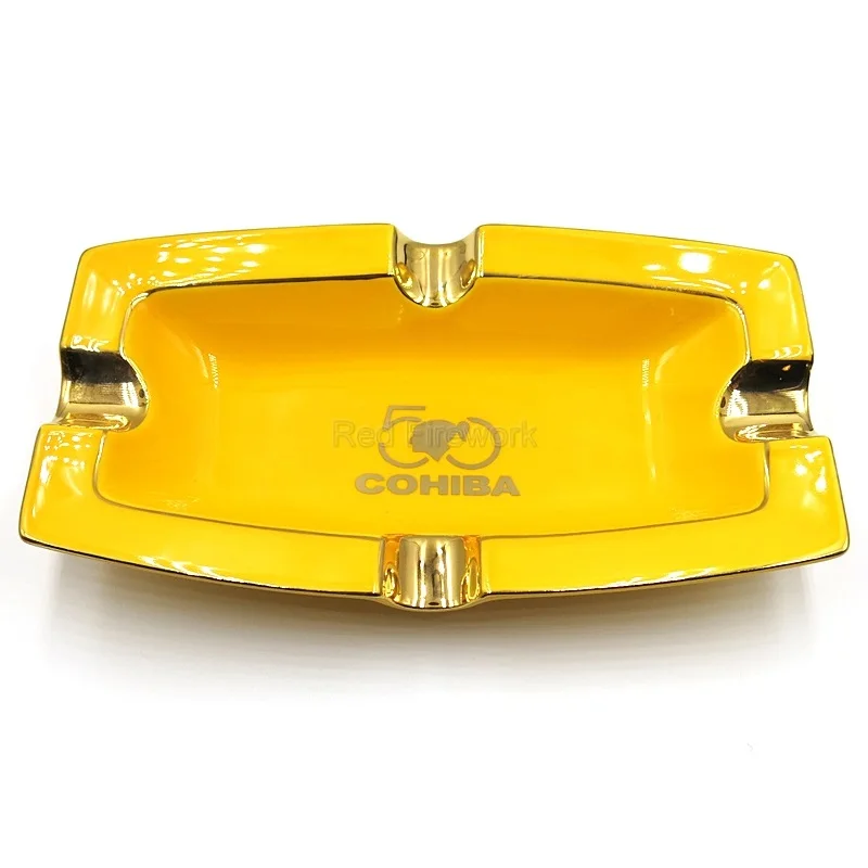 Cohiba 50th Classic anniversary Edition черный и желтый прямоугольник 4 слота фарфоровая пепельница для сигар для дома с подарочной коробкой - Цвет: Цвет: желтый