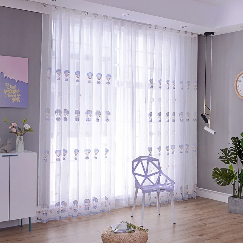 Cartoon Hot Air Balloon Embroidery Screen Cute Bear Curtain for Kids Boy Room Window Bedroom Sheer Voile Fabric Panel X009#30