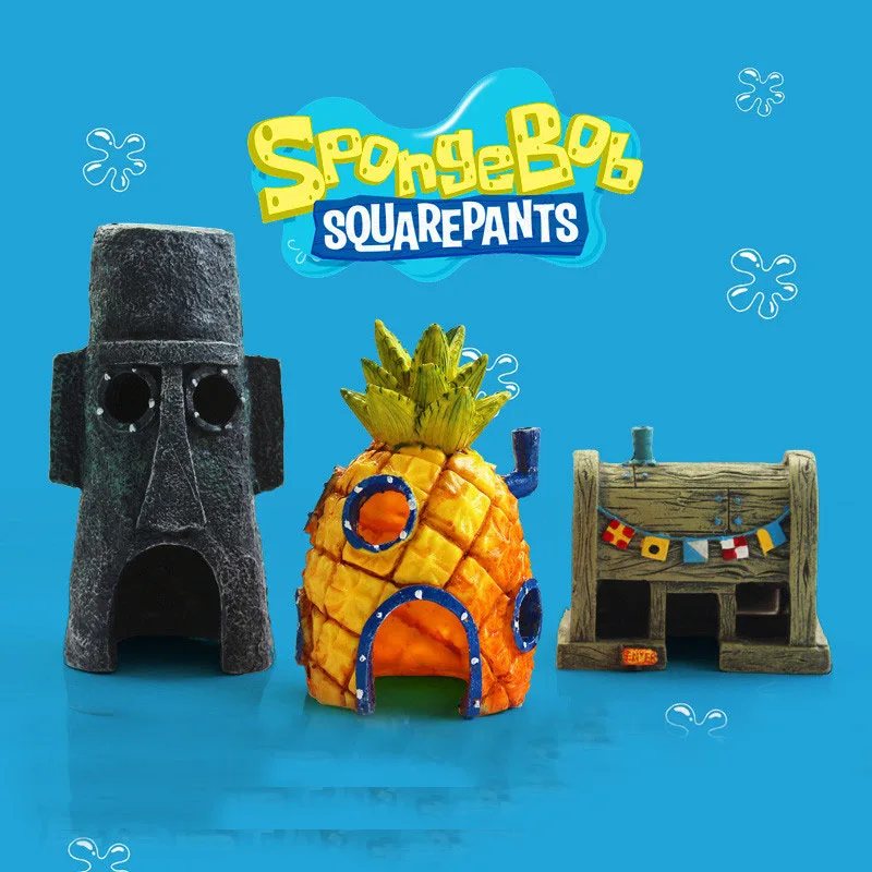 

3 Pcs Aquarium SpongeBob Decoration Pineapple House Squidward Easter Island Fish Tank Cartoon Decoration for Kids