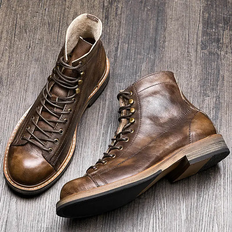 Mens Stylish Vintage High Top Round Toe Lace Up Leather Work Ankle Boots  Shoes