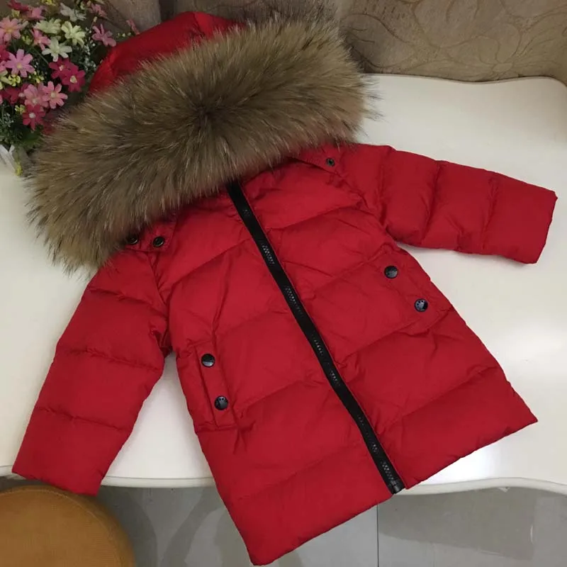 Зимняя теплая длинная куртка для мальчиков и девочек верхняя одежда с воротником из натурального меха для малышей детские парки, пальто dwq518