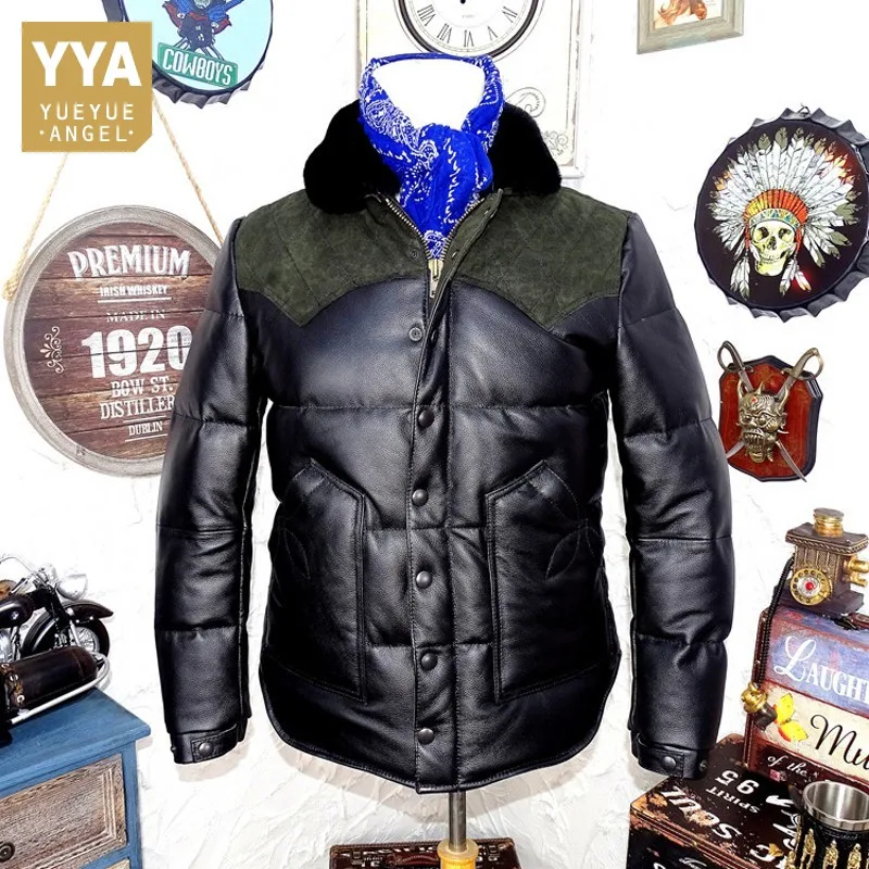 

Men Vintage Patchwork Real Leather Jacket Wool Collar Cowhide Down Jacket Winter Safari Style Slim Short White Duck Down Coat