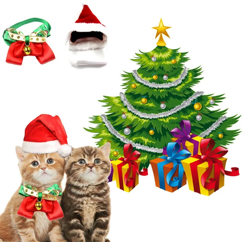 Pet Cat Dog Santa Регулируемый головной убор галстук-бабочка ожерелье ювелирные изделия с золотым колокольчиком очаровательные товары для домашних животных костюм рождественские наряды